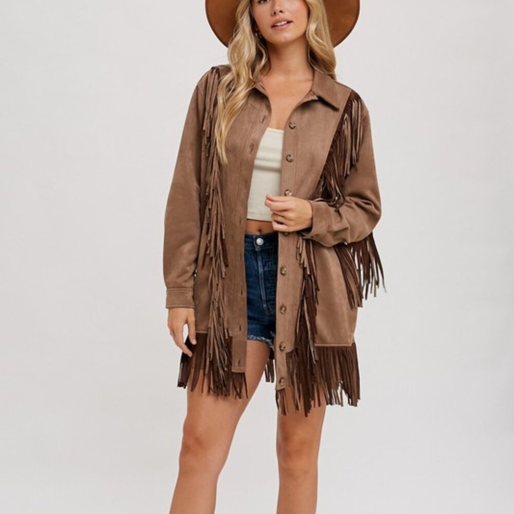Women's Faux Suede Fringe Jacket Western Boho Button Down Brown Outerwear